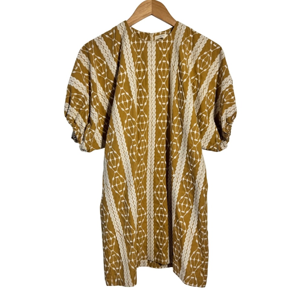 Matin Studio Embroidered Puff Sleeve Shift Cotton Dress Mustard YellowWhite Boho